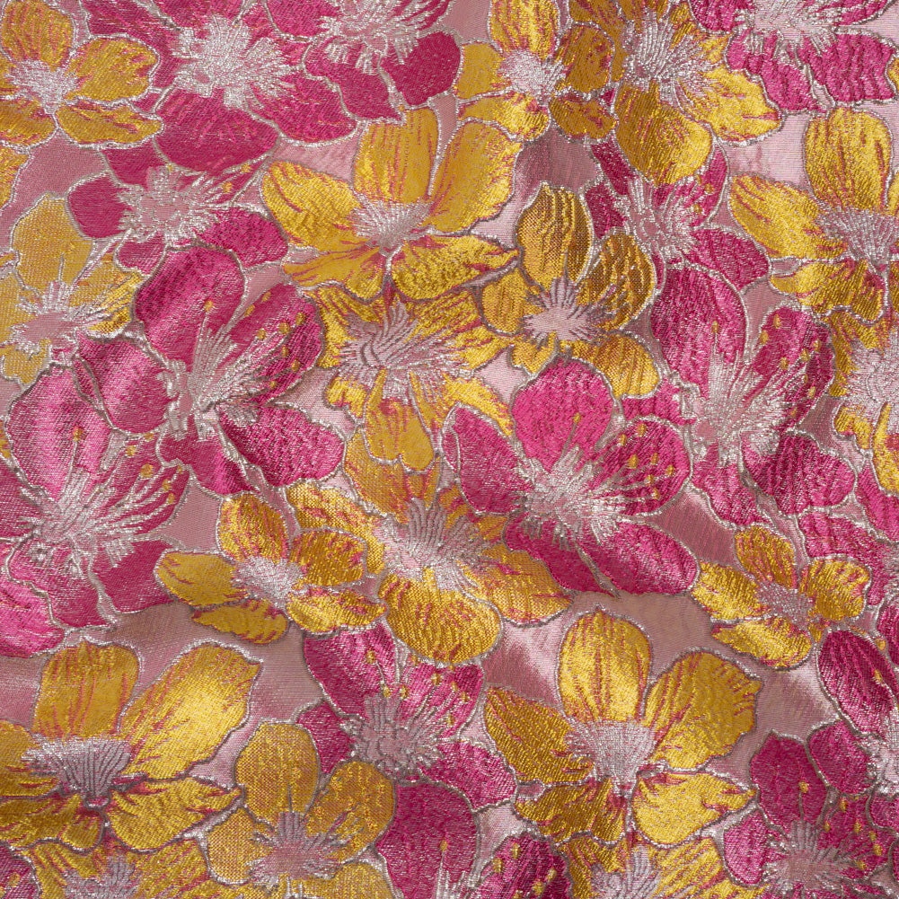 Metallic Brocade - Bright Pink, Yellow and Silver Floating Blossoms - Joann Fabrics