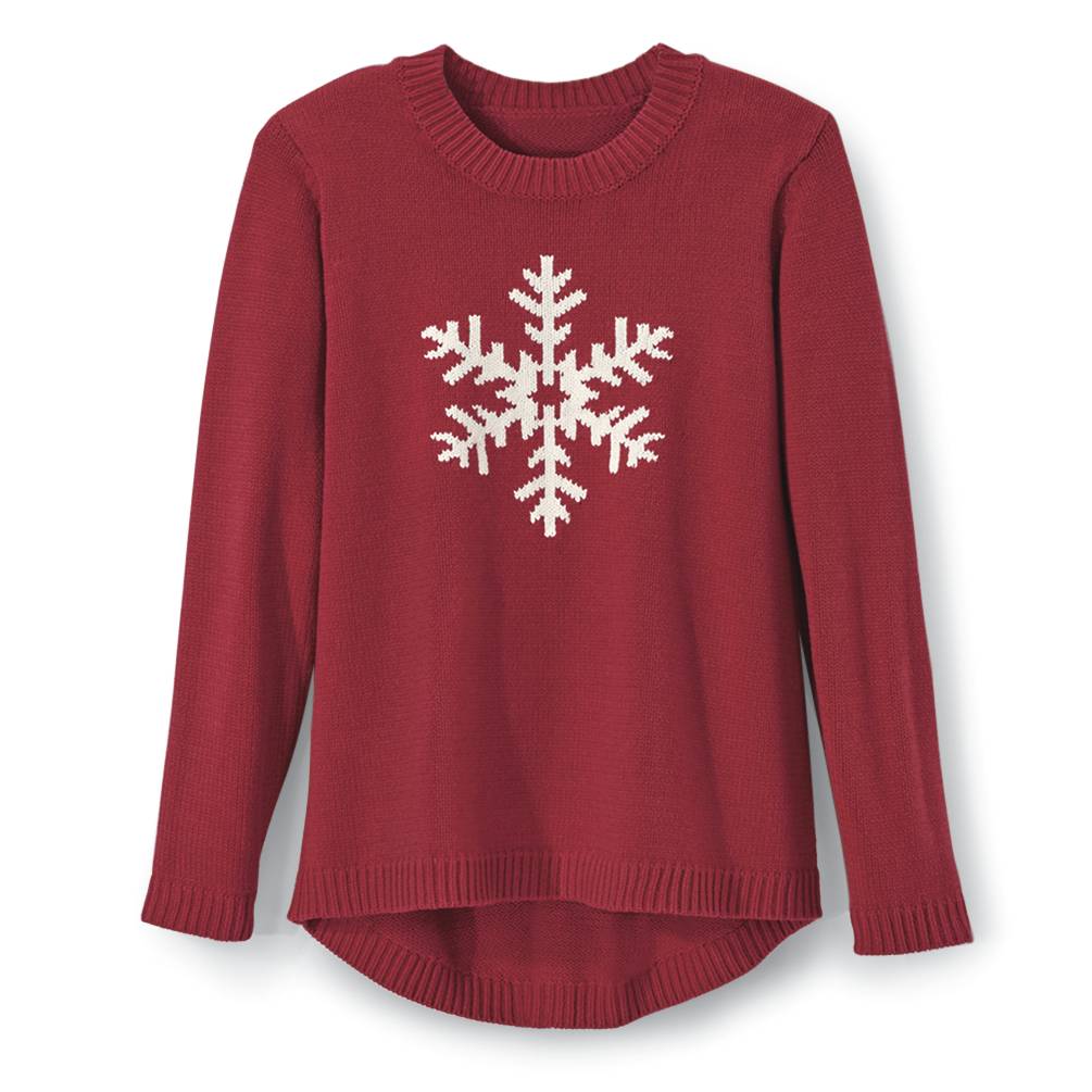 Intarsia Snowflake Sweater, High-Low Hem, Ribbed Trim - Northstyle Catalog