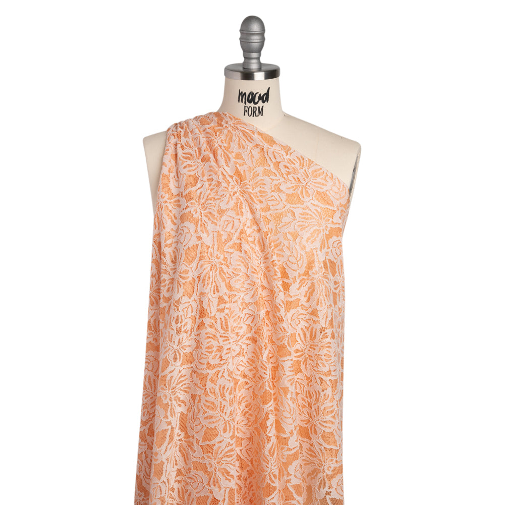 Stretch Corded Lace with Finished Edges - Shell Coral Orange and Natural Tropical Blossoms - Ottilie Collection - Joann Fabrics