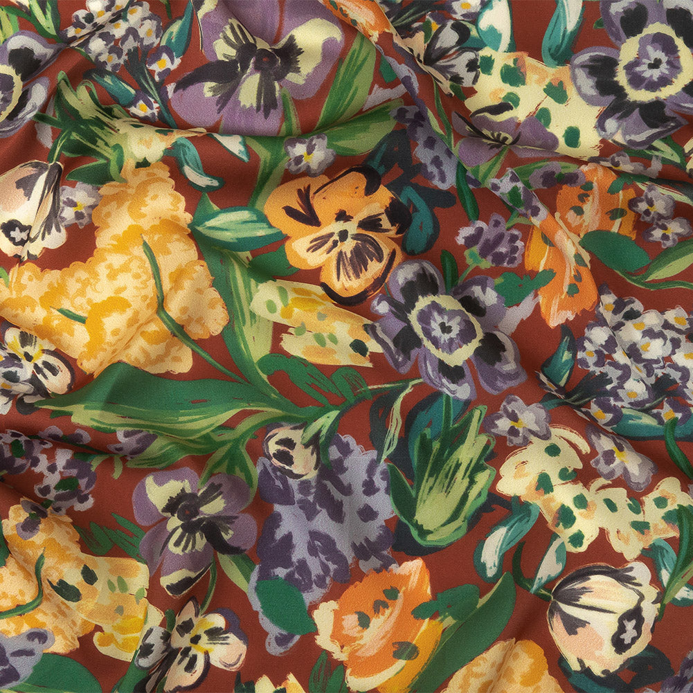 Polyester Crepe de Chine Print - Burnt Russet Brown, Yellow and Purple Floral - Mood Exclusive Language of Flowers - Joann Fabrics