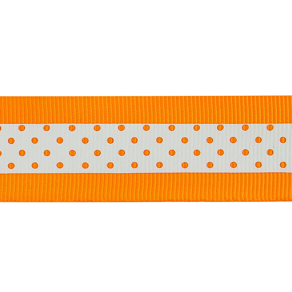 Italian Neon Orange and White Polka Dot Striped Petersham Grosgrain Ribbon - 1