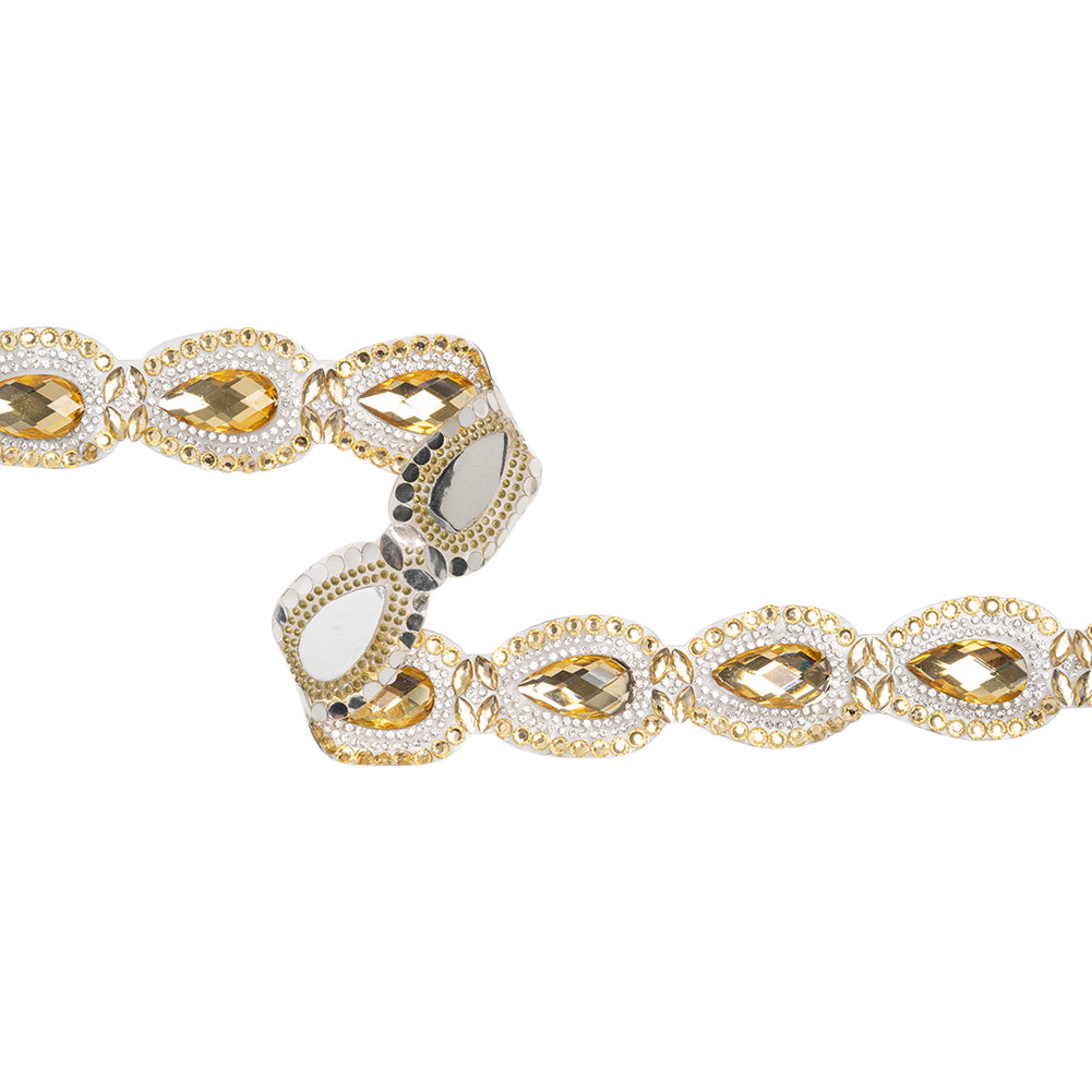 Yaya Han Iron-On Princess Crystal Rhinestone Trim - Gold and Clear Outlined Teardrops, 1.375