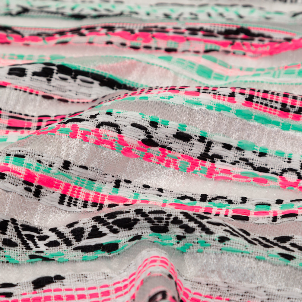 Milly Metallic Silver, Biscay Green, Neon Pink Striped Embroidered Organza - Joann Fabrics