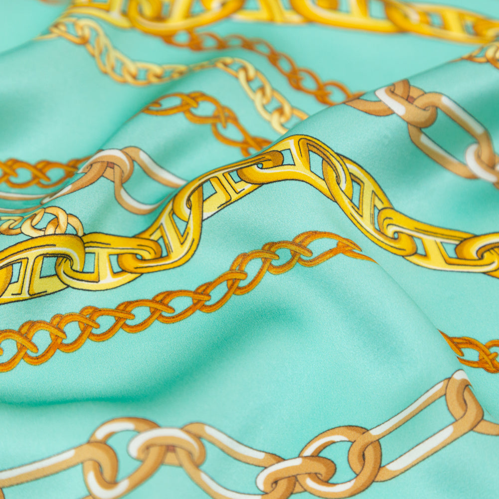 Mood Exclusive Italian Teal and Gold Chains Digitally Printed Silk Charmeuse - Joann Fabrics