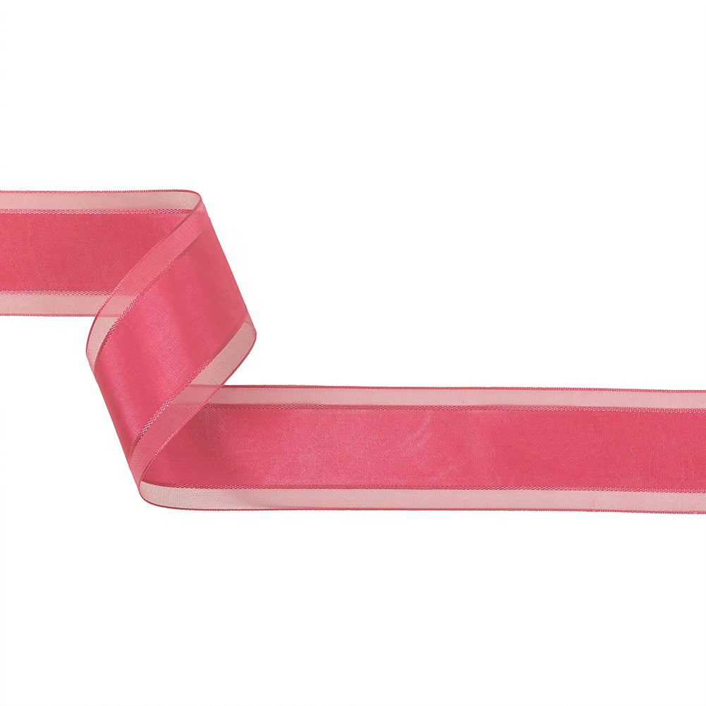 Pink Carnation Woven Ribbon with Sheer Organza Borders - 1.5