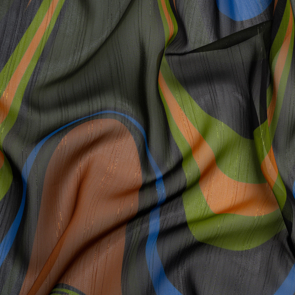 Polyester Chiffon Print with Metallic Pinstripes - Brown, Green and Black Waves - Mood Exclusive Ebb and Flow - Joann Fabrics