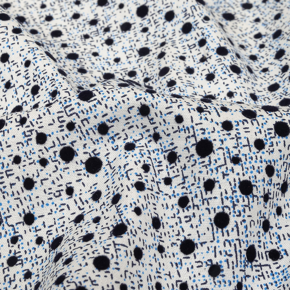 Black Flocked Polka Dots on Blue, Gray and White Abstract Stretch Cotton Shirting - Joann Fabrics