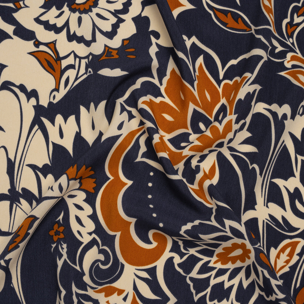 Polyester Crepe de Chine - Navy, Burnt Orange and Cream Beige Floral - Designer Deadstock - Joann Fabrics