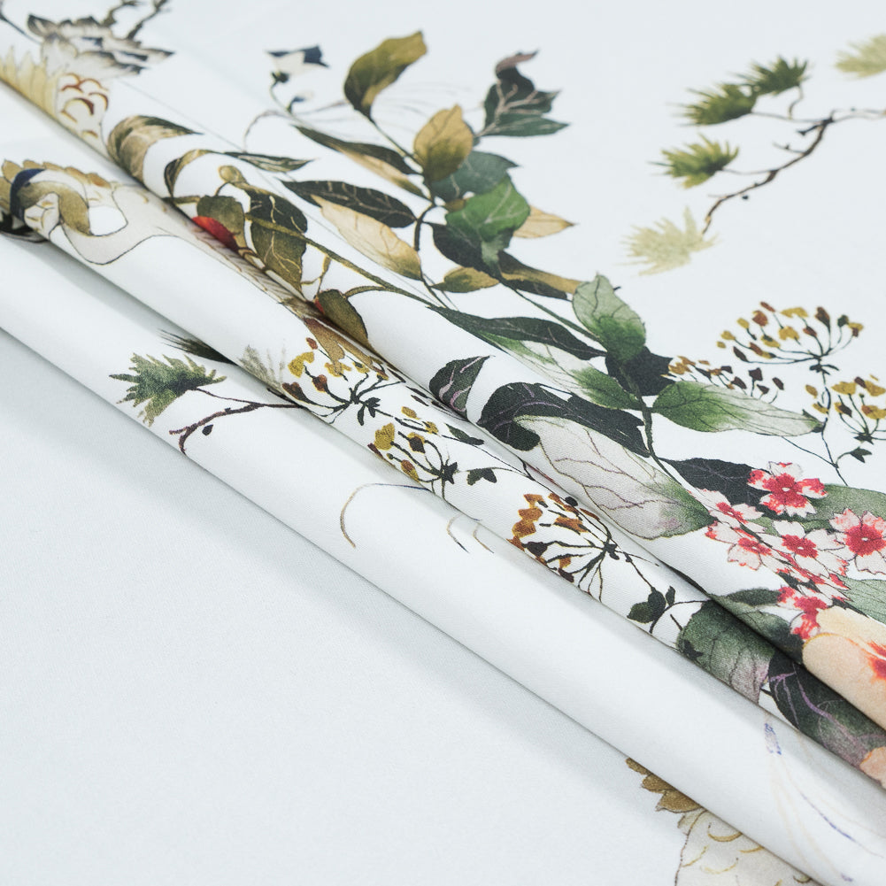 Stretch Cotton Sateen - White and Green Birds and Flowers - La Grande Tournee Print - Mood Exclusive Jacques Collection - Joann Fabrics