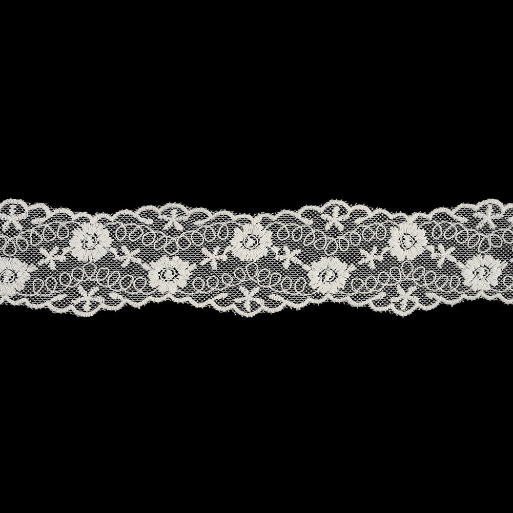 White Flowers and Loop de Loops Zig Zag Embroidered Lace Trim - 1.625