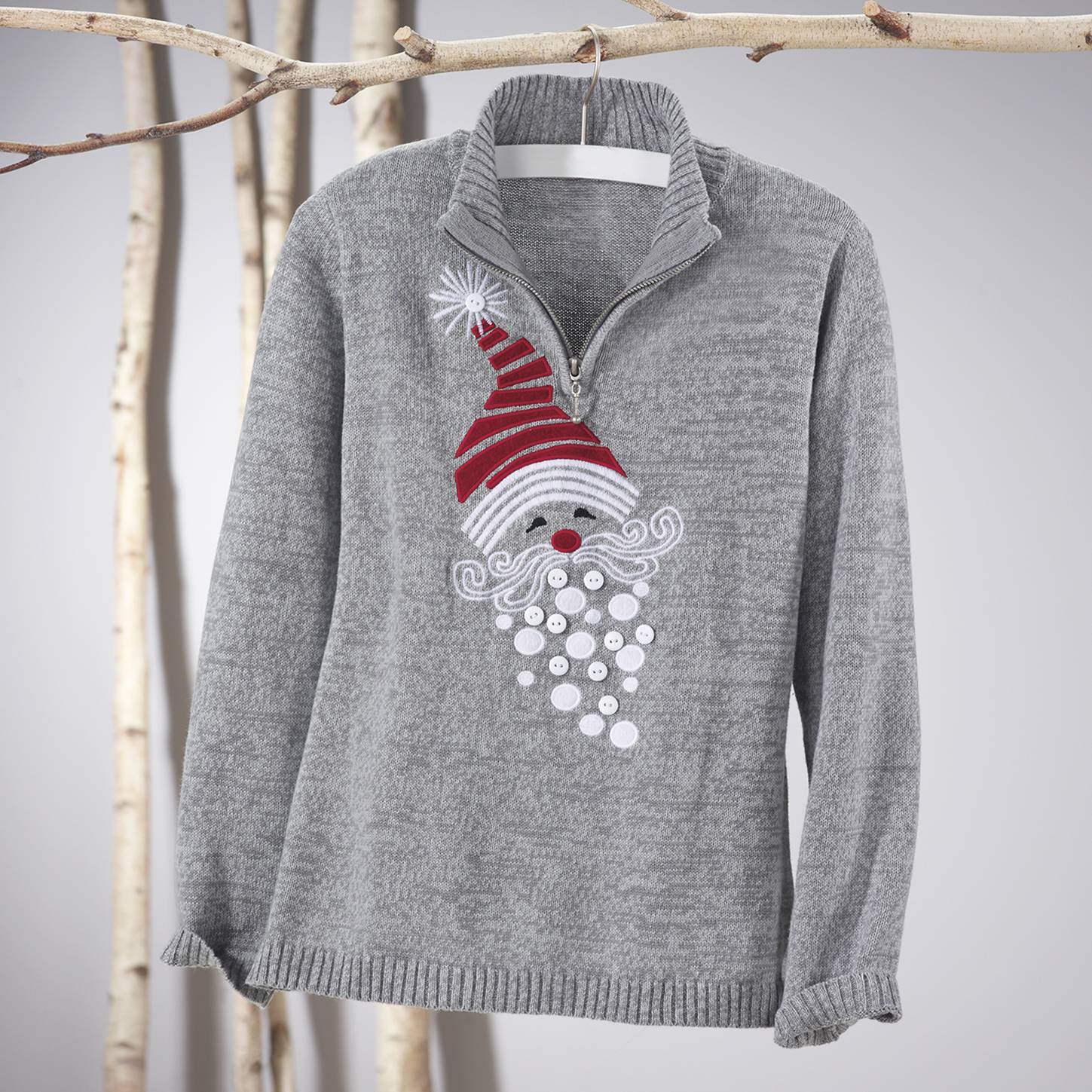 Saint Nick Sweater, Marled Knit, Zip Neck, Embroidered Santa - Northstyle Catalog