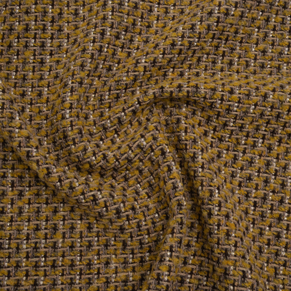 Metallic Tweedy Wool Blend Boucle Woven Made in Italy - Mustard Yellow, Brown and Gold - Joann Fabrics
