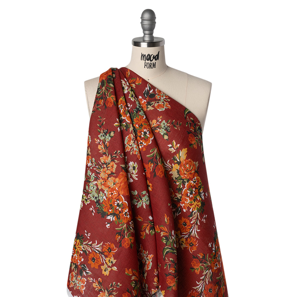 Medium Weight Linen Woven Print - Wine Red, Green and Dark Orange Floral - Joann Fabrics