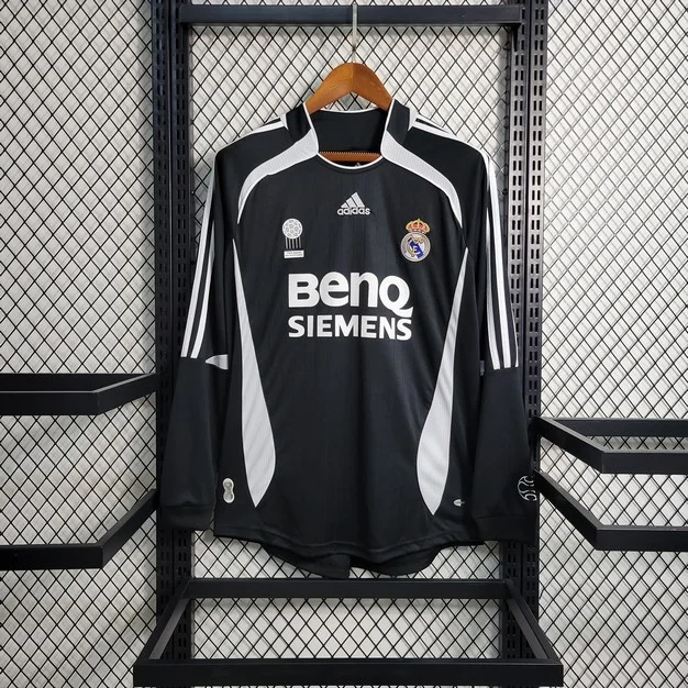 Dark Real Madrid away long sleeve with BenQ SIEMENS lettering and sweeping white inserts