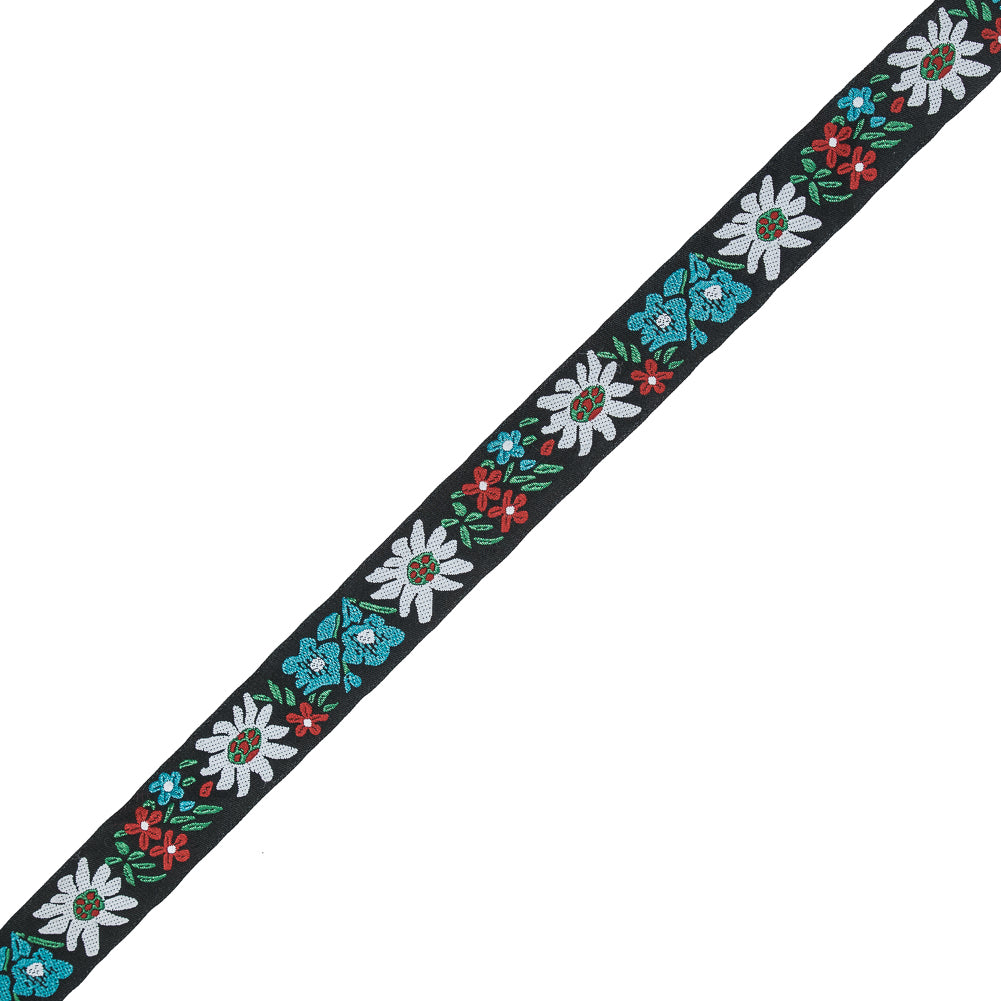 Black, White, and Blue Floral Jacquard Ribbon - 1