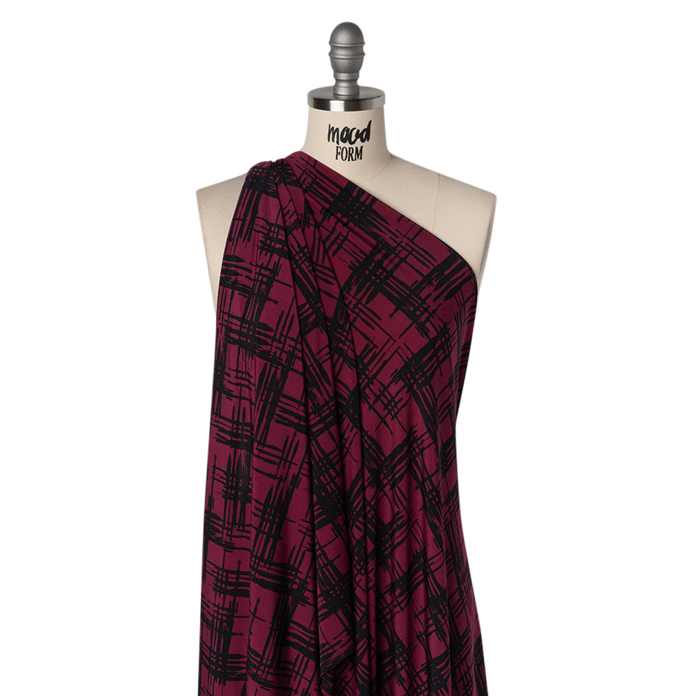 Stretch Polyester Matte Jersey Print - Raspberry and Black Abstract Hatching - Designer Deadstock - Joann Fabrics