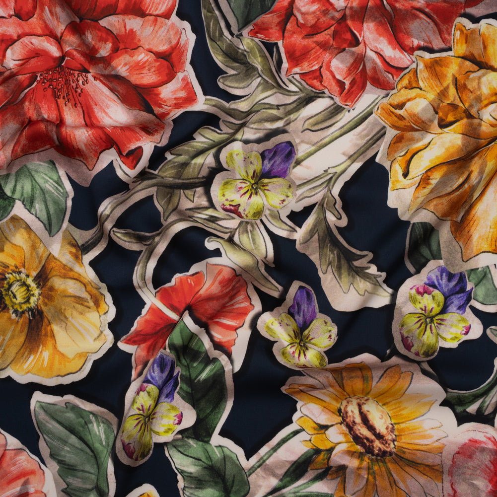 Polyester Satin - Golden Orange, Red and Green Illustrated Flower Collage - Mood Exclusive Floral Montage Print - Joann Fabrics