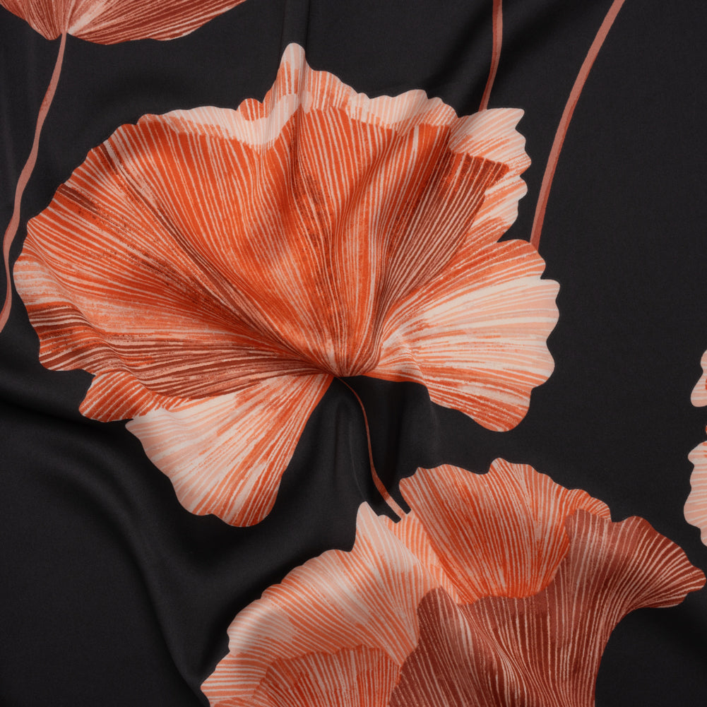 Stretch Polyester Charmeuse Print - Red and Black Ginkgo Leaves - Designer Deadstock - Joann Fabrics