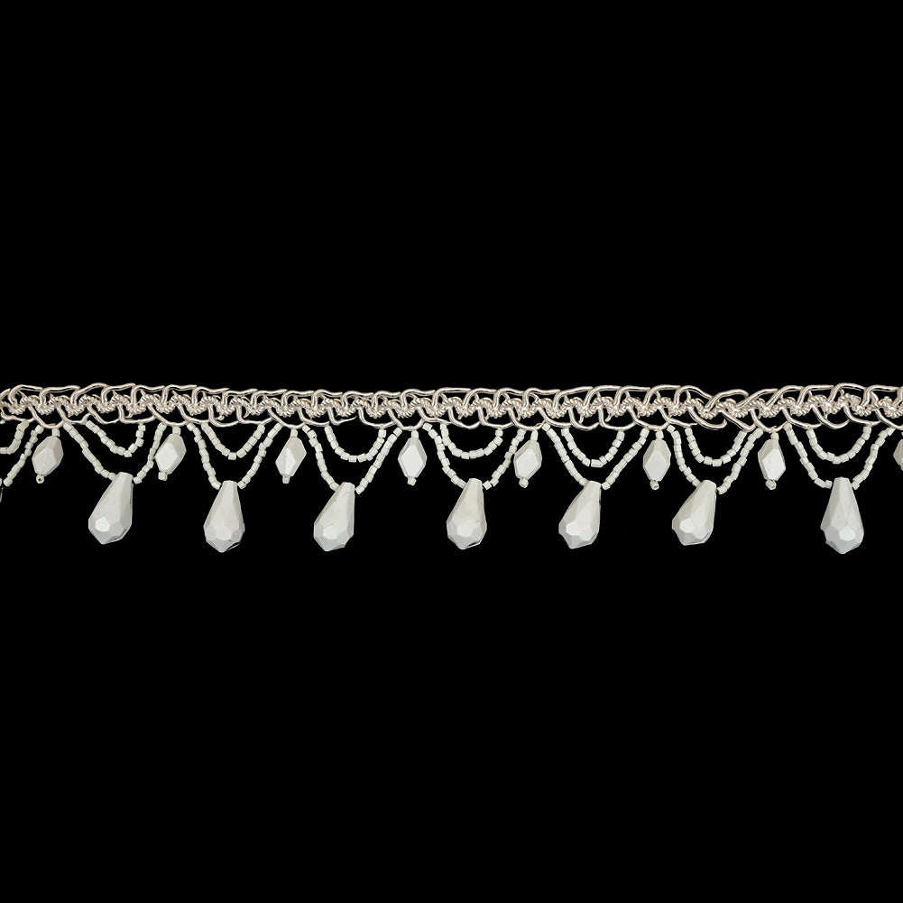 Vintage Chalk White Teardrops and Glass Beaded Looped Fringe on Ivory Braid - 1.5