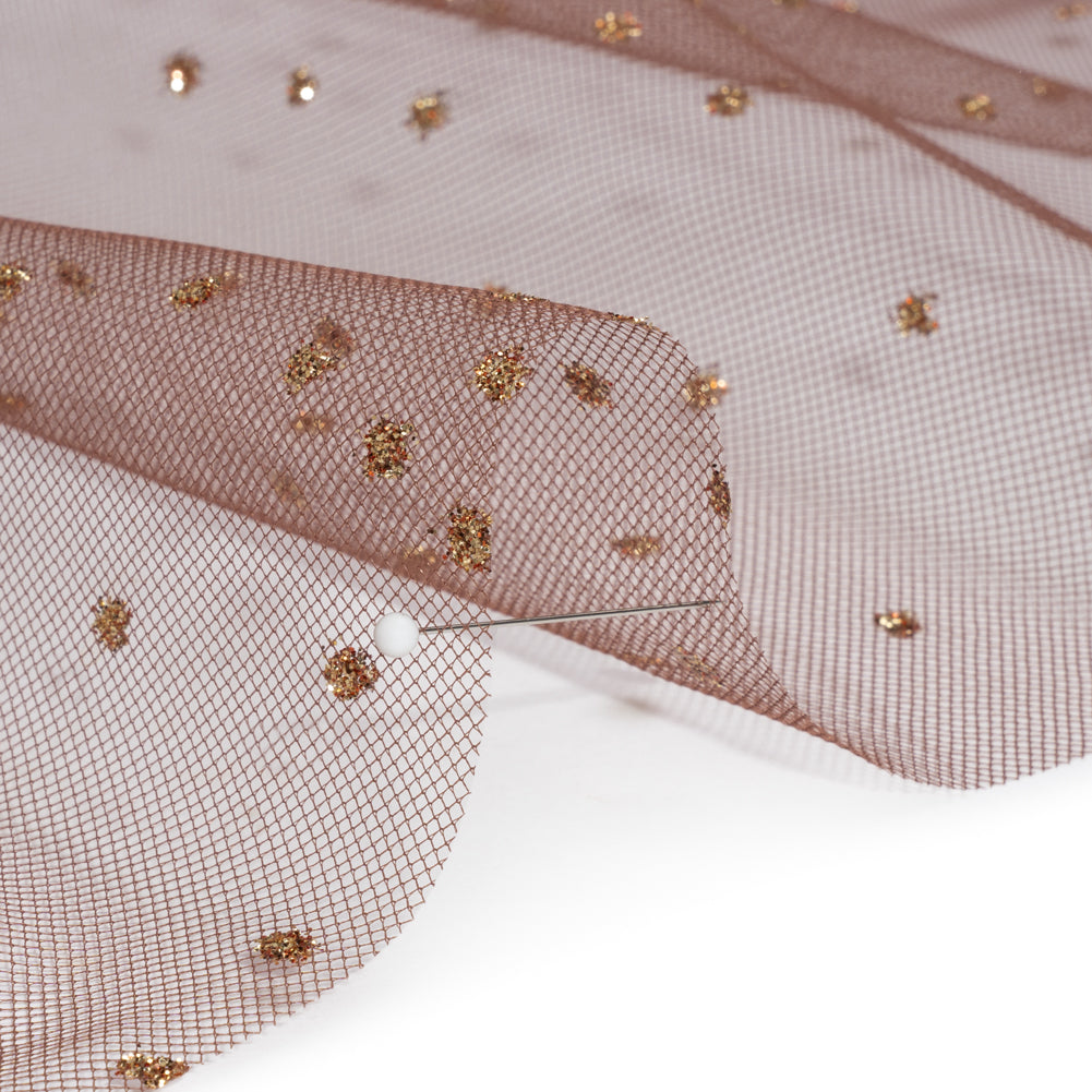 Famous Australian Designer Chocolate and Gold Glitter Spotted Polyester Tulle - Joann Fabrics