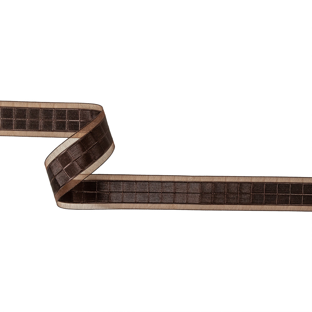 Brown Windowpane Checks and Sheer Borders Woven Ribbon - 1