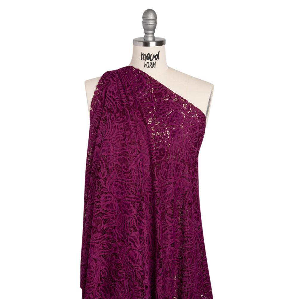 Re-Embroidered Stretch Lace with Finished Edges - Florentina Plum Purple Blossom Trios and Leaves - Tatiana Collection - Joann Fabrics