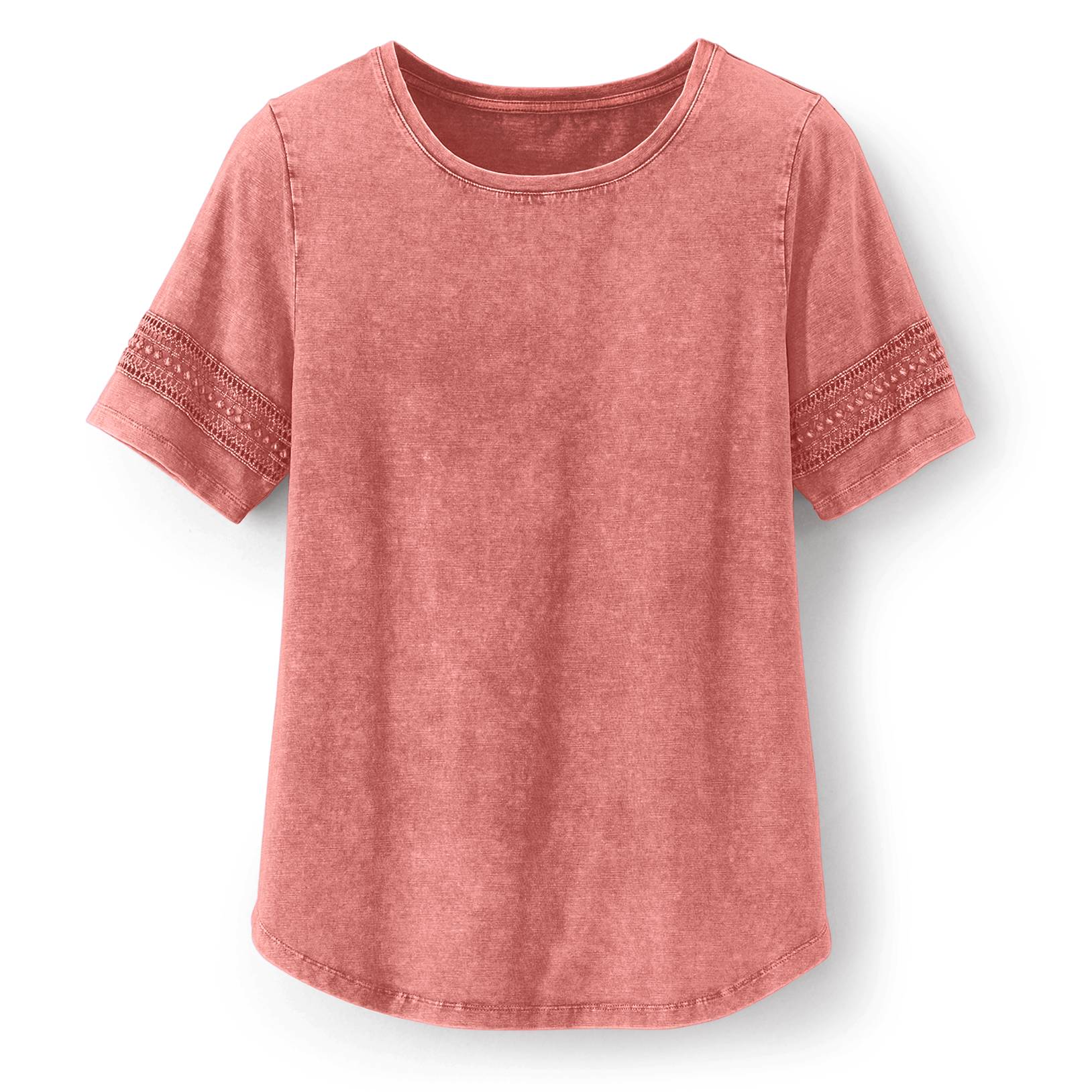 Crochet Inset Vintage Wash Top, Short Sleeves, Lace Insets, Curved Hem - Northstyle Catalog