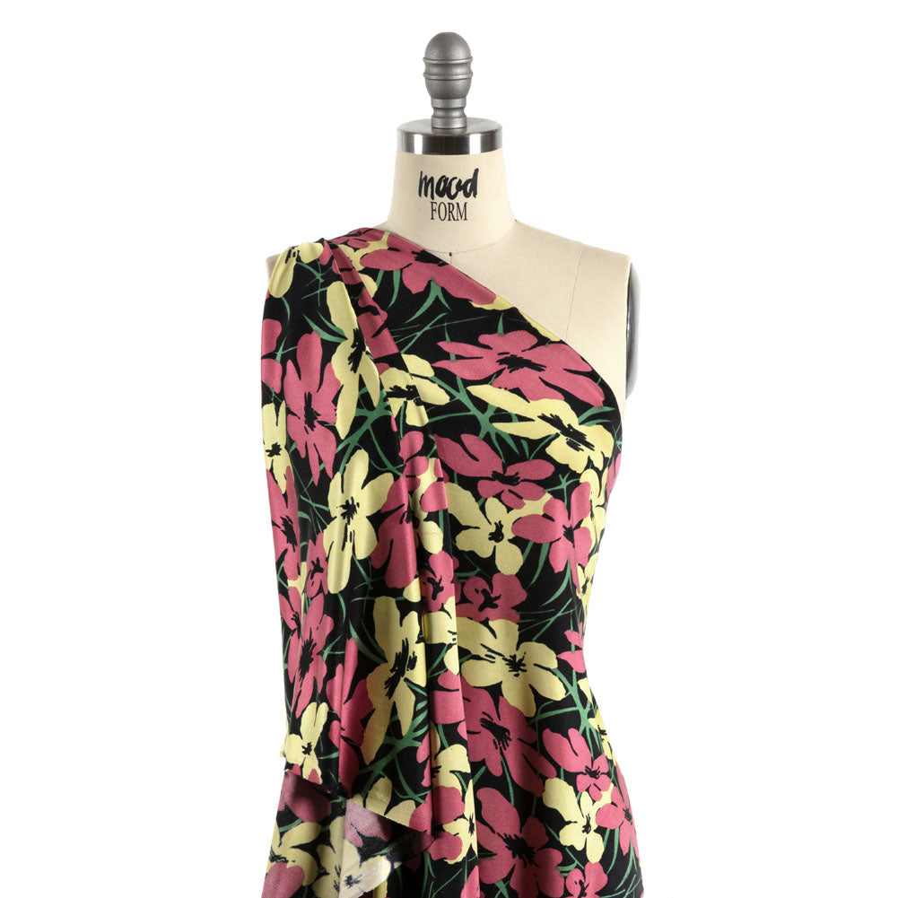 Black, Dark Rose and Yellow Floral Silk Jersey - Joann Fabrics