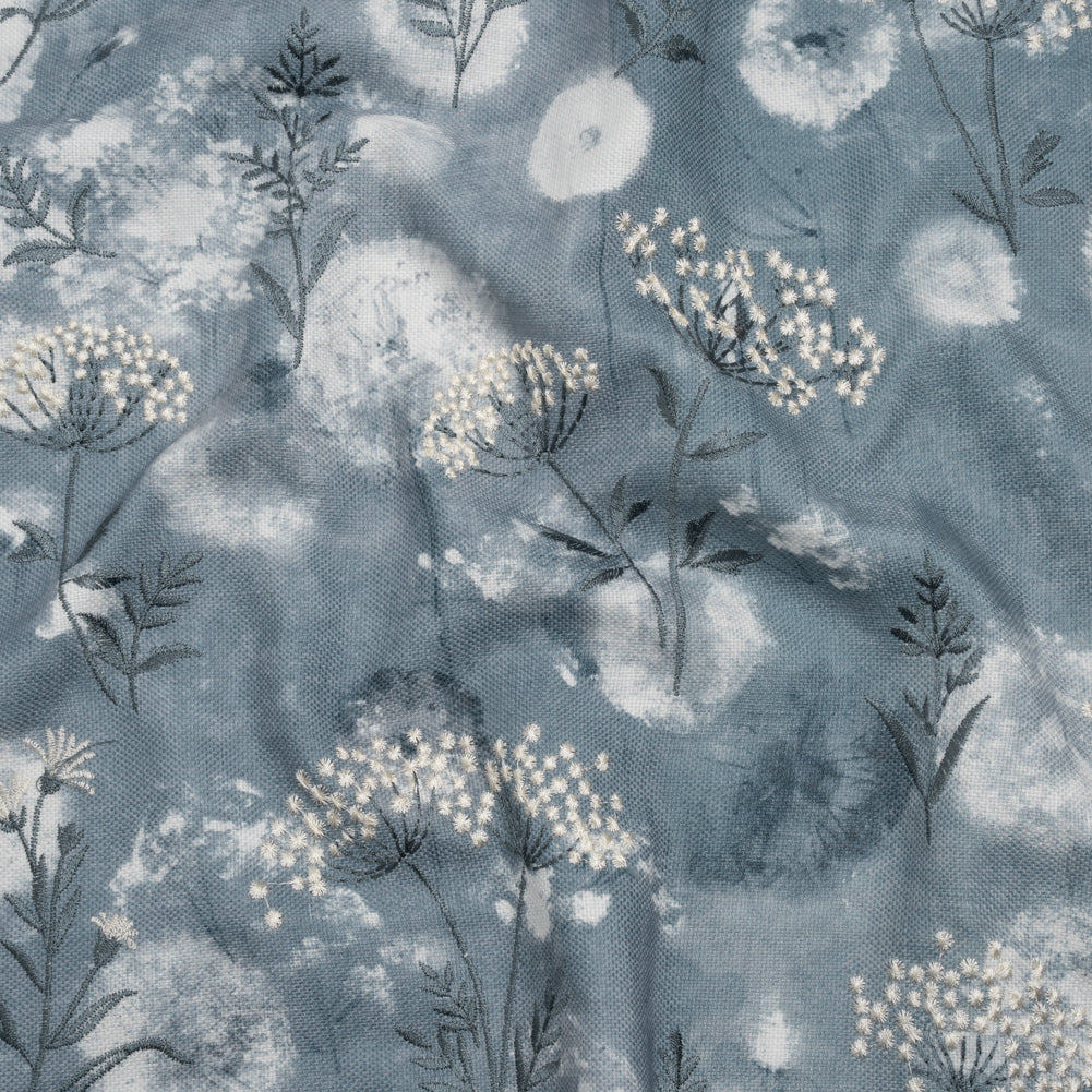 Cotton Canvas Print with Floral Embroidery - Denim Tie Dye Spots - British Imported - Joann Fabrics