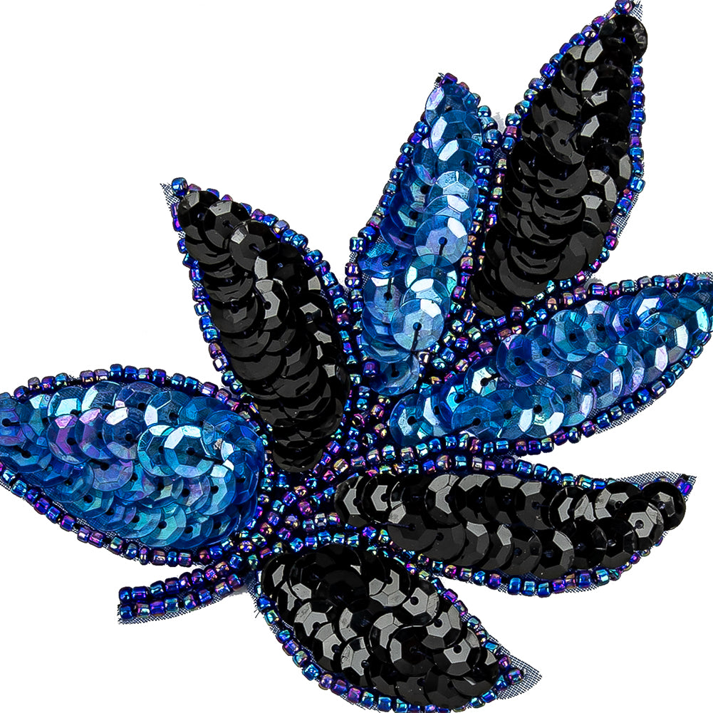 Vintage Royal Blue and Black Sequins and Royal Blue Iris-lined Beaded Leaf Applique - 4