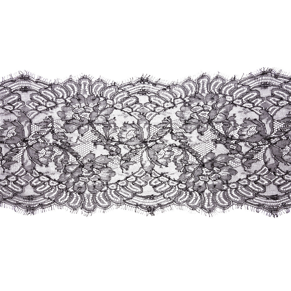 Black Flowers and Scallops Re-Embroidered Lace Trim with Eyelash Fringe - 8