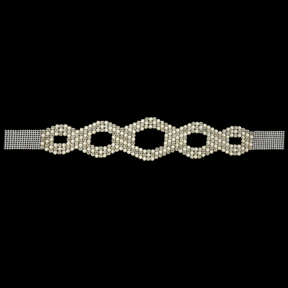 Vintage Czech Crystal Rhinestone and White Faux Pearl Ovals Belt Applique - 2.25