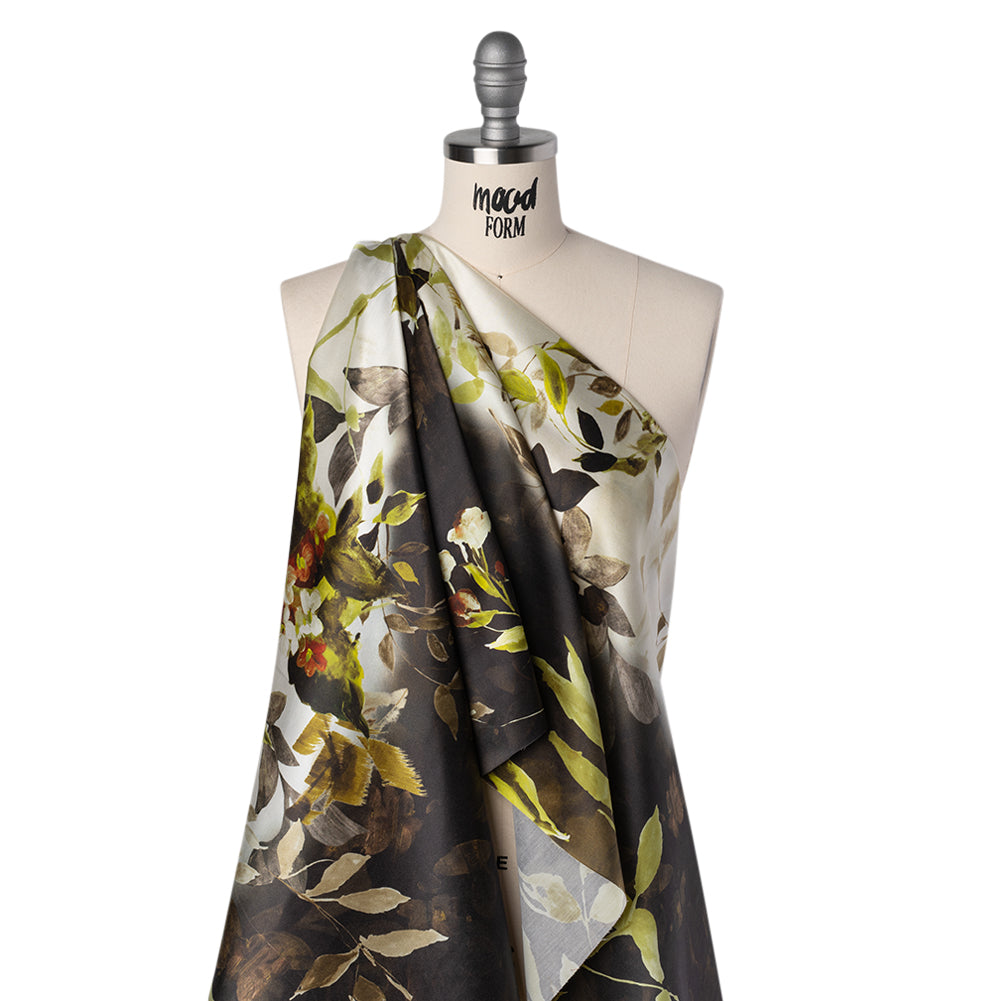 Silk Satin Print Made in Italy - Brown, Cream and Chartreuse Painted Leaves - Deadstock - Joann Fabrics