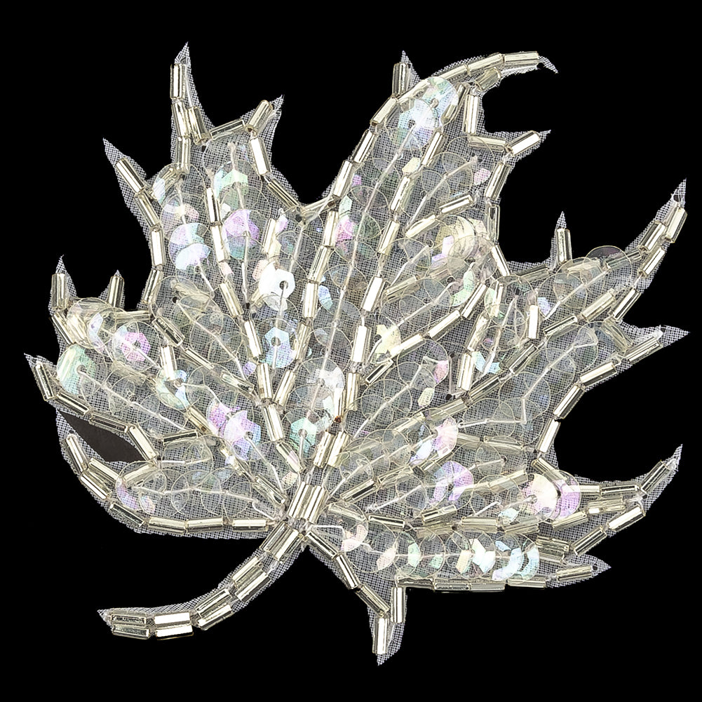 Vintage Crystal Iris Sequins and Bugle Beaded Leaf Applique - 3.75