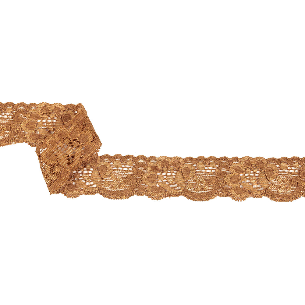Golden Brown Floral Stretch Lace Trim - 1.25
