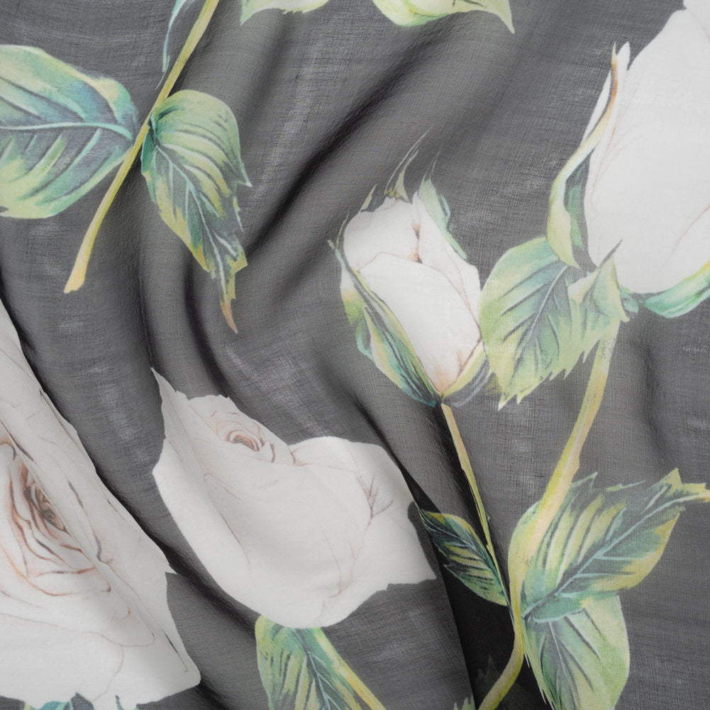 Silk Voile Print - Black, White and Green Roses - Deadstock - Joann Fabrics