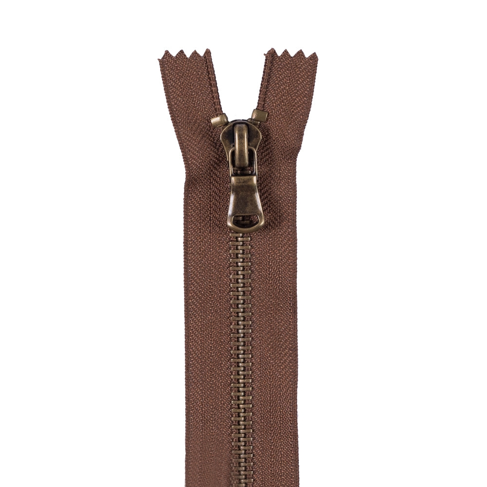Brown Metal Zipper with Antique Gold Pull and Teeth - 4.5