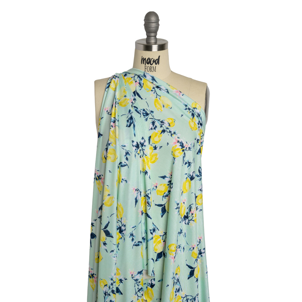 Stretch Rayon Jersey - Mint, Teal and Yellow Lemons on Trees - Deadstock - Joann Fabrics