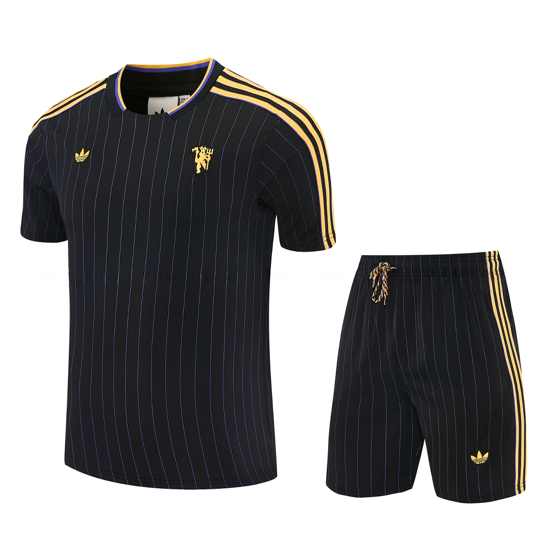 Manchester United 25-26 Retro Style Short-Sleeve Training Set - Black With Yellow Accents Top & Pants - UnitedFutballJersey