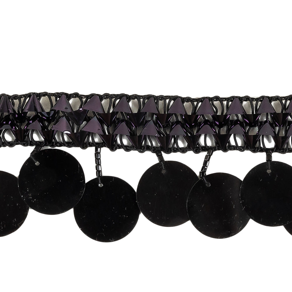 Vintage Metallic Black Braided Trim with Black Beads and Paillette Sequins Fringe - 1.75