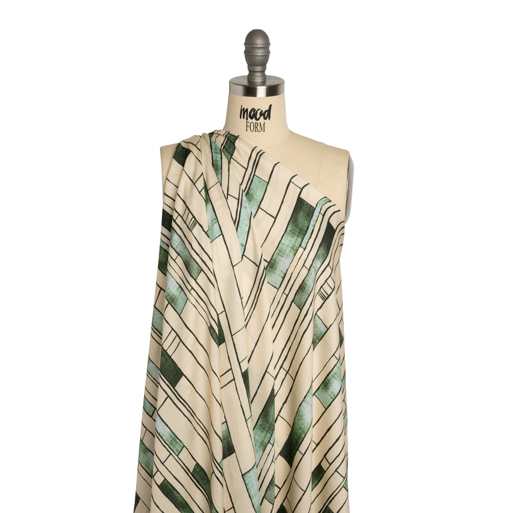 Rayon Challis - Green and Cream Geometric Blocks - Cliffside Climb Print - Mood Exclusive Acadia Collection - Joann Fabrics