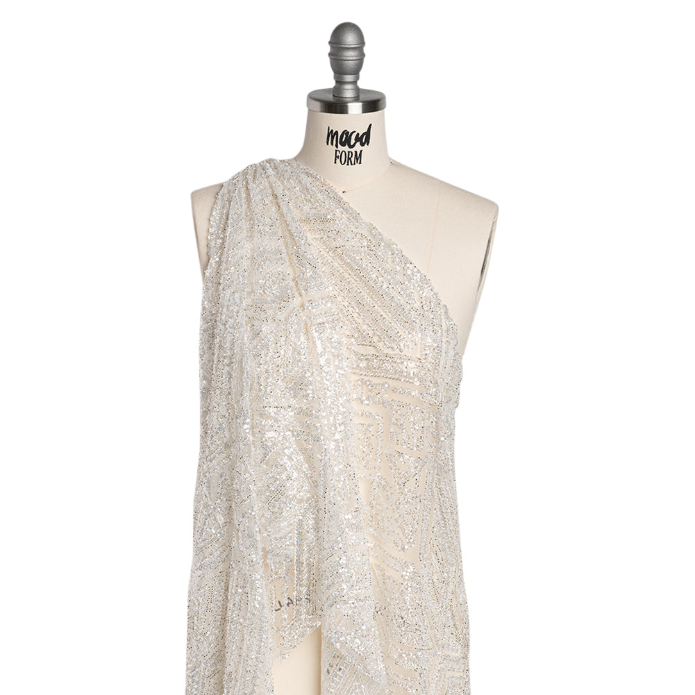 Beaded and Sequined Lace - White and Silver Geometric - Joann Fabrics