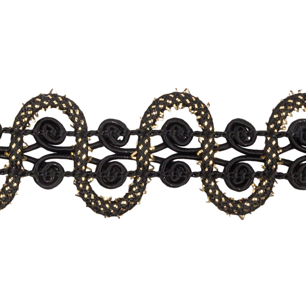 Famous NYC Designer Black and Metallic Gold Waves and Swirls Gimp Braided Trim - 1.25