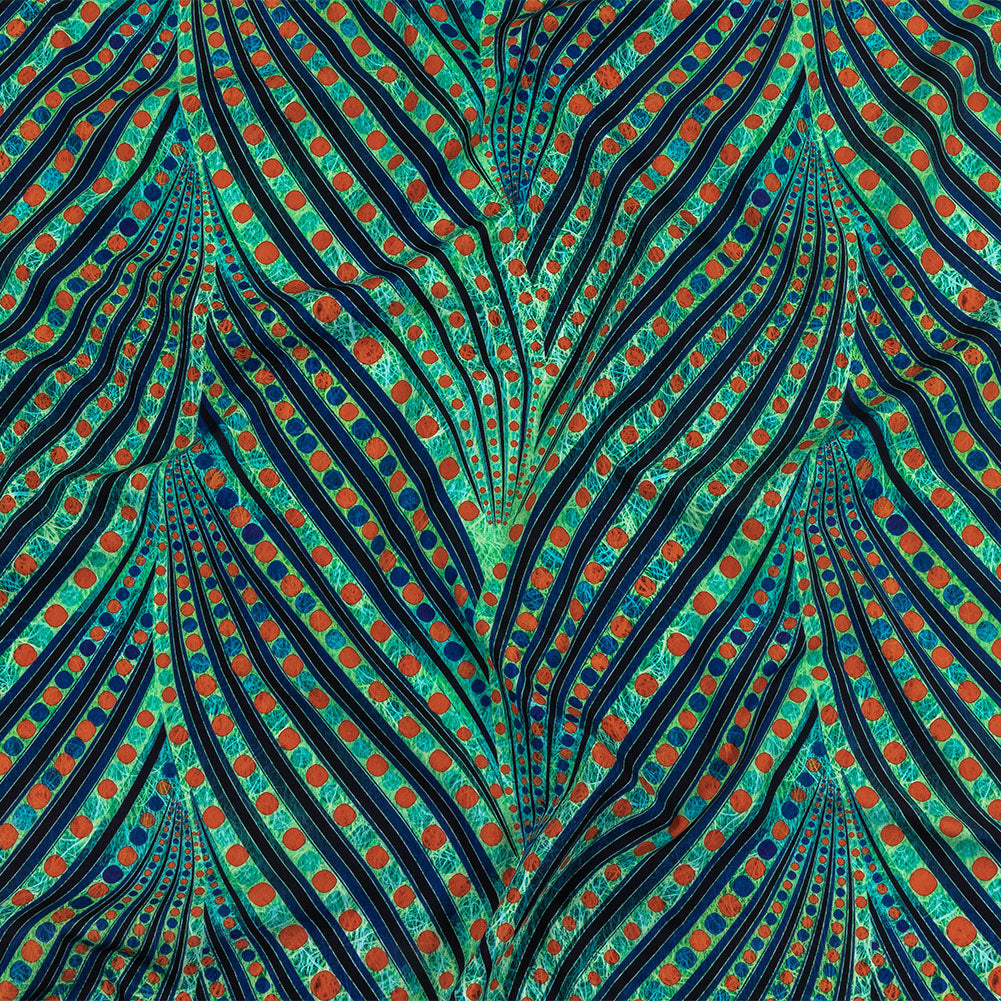 Jade, Blue and Orange Art Deco Feathers UV Protective Compression Swimwear Tricot with Aloe Vera Microcapsules - Joann Fabrics