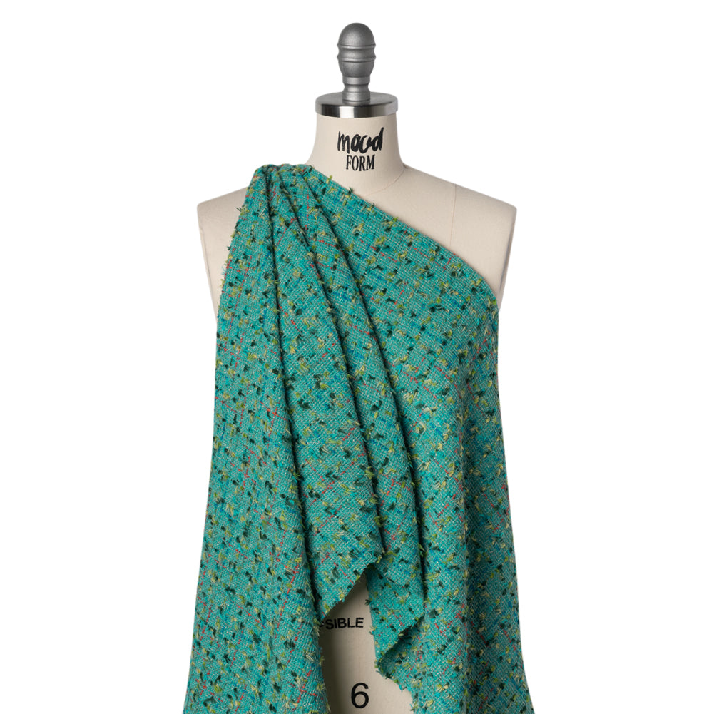Metallic Wool Blend Tweed with Fringe-Like Inclusions Made in Italy - Teal, Green and Gold Checks - Deadstock - Joann Fabrics