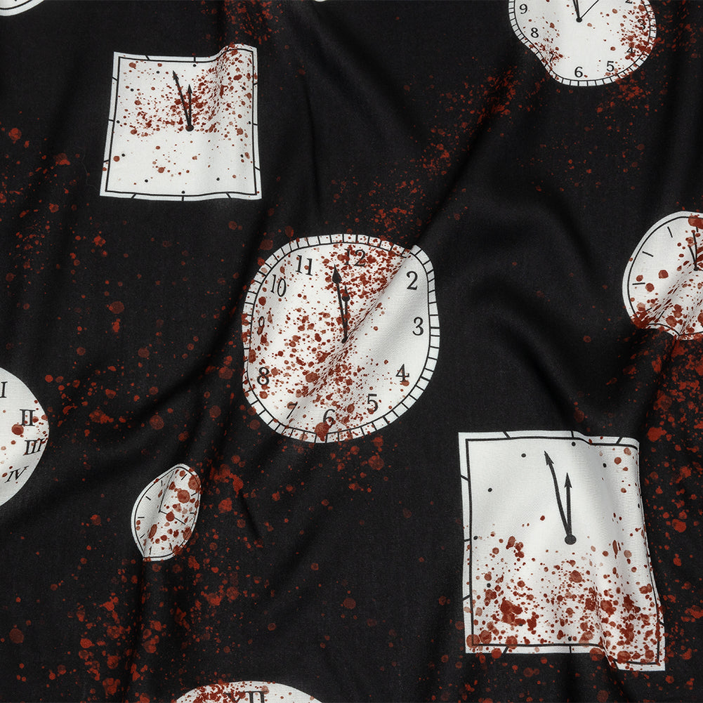 Rayon Batiste - Clocks and Blood Splatter - The Masque Print - Mood Exclusive Nevermore Collection - Joann Fabrics