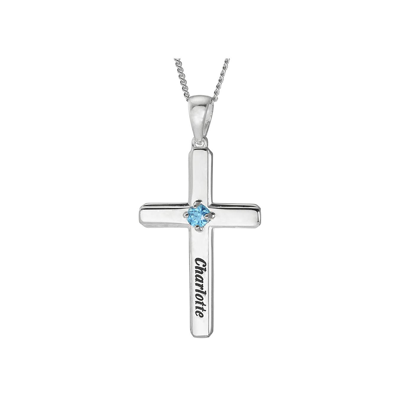 Personalized Sterling Name Cross with Crystal Birthstone Pendant, 18inch. Matching Chain - Northstyle Catalog