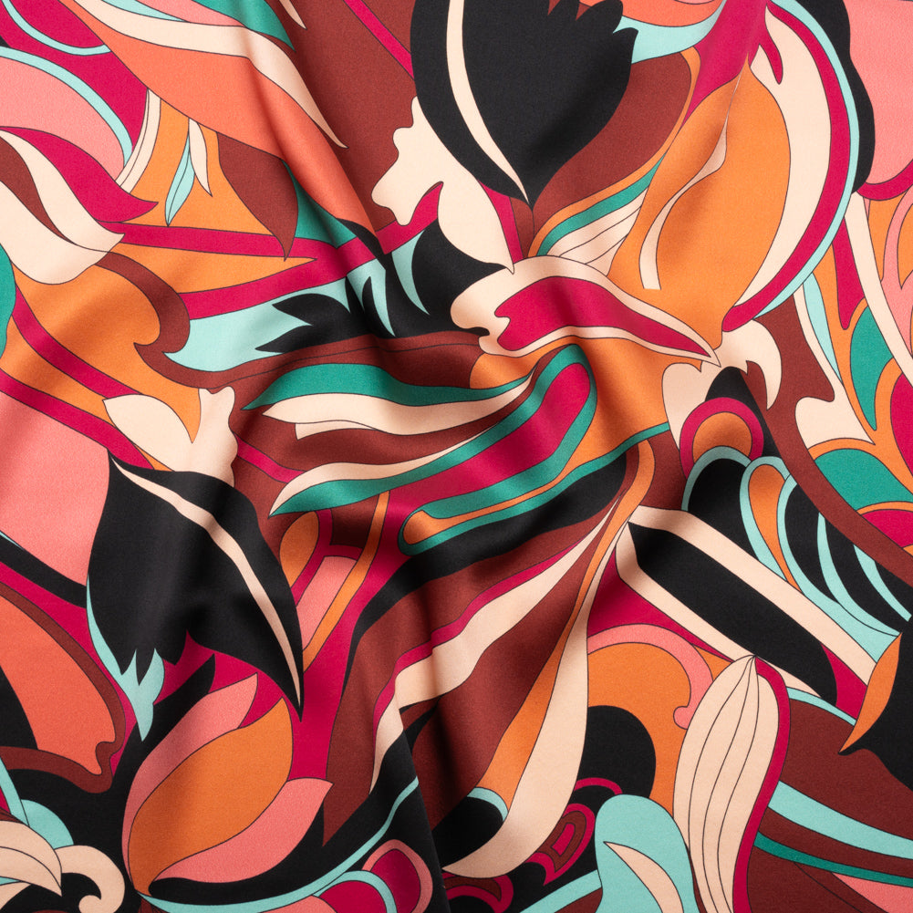 Silk Charmeuse Print - Brown, Teal and Magenta Retro Floral Swirl - Made in Italy - Joann Fabrics