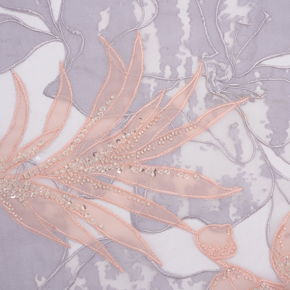 Beaded and Embroidered Tulle with Burnout Fabric Appliques - Mauve, Lilac, and Baby Pink Tropical Garden - Joann Fabrics