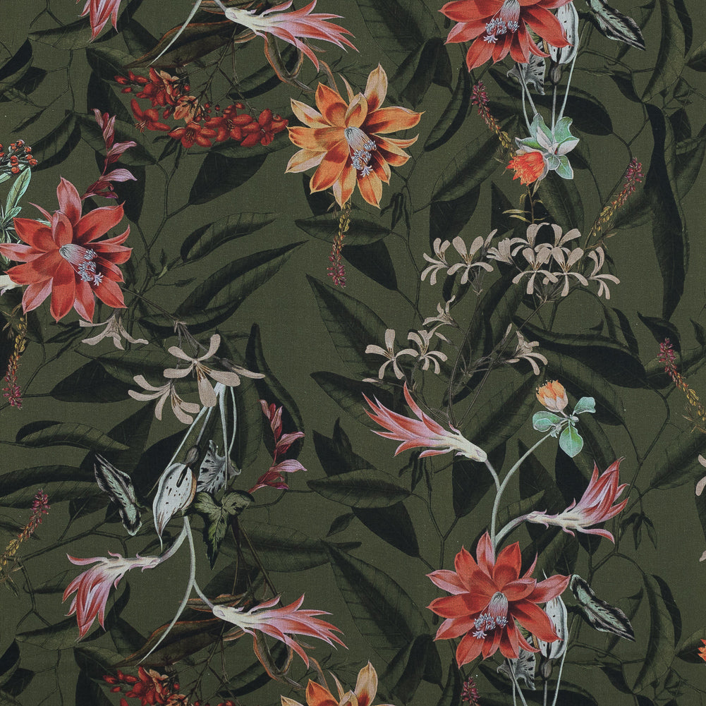 Cotton Voile - Olive Green Flowers and Leaves - Les Tropiques Print - Mood Exclusive Jacques Collection - Joann Fabrics
